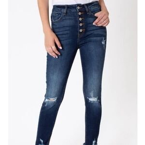 KanCan Addy High Rise Exposed Button Fly Dark Wash Distressed Jeans